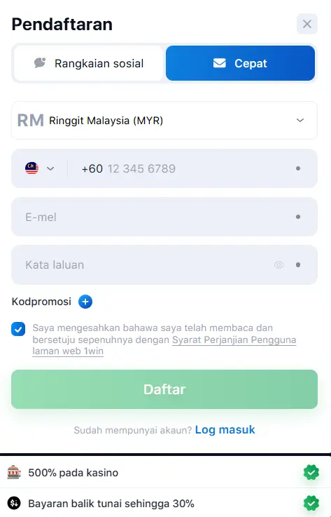 1win registration in Malaysia